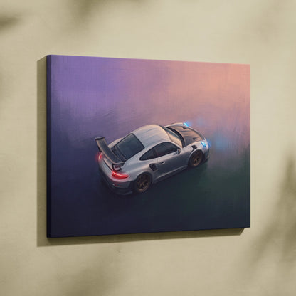Silver Porsche 911 GT2 RS inspired supercar canvas art print with glowing red and blue lights on purple pink sky background