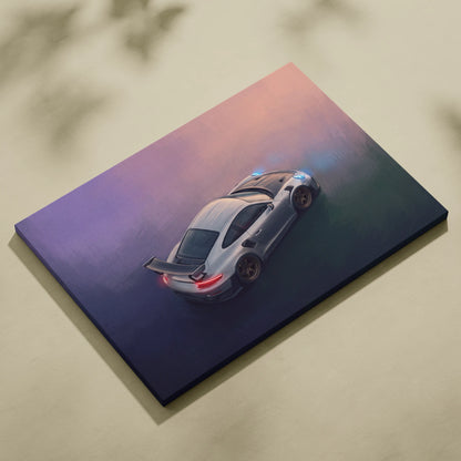Silver Porsche 911 GT2 RS inspired sports car canvas print with glowing blue and red lights on purple to blue background