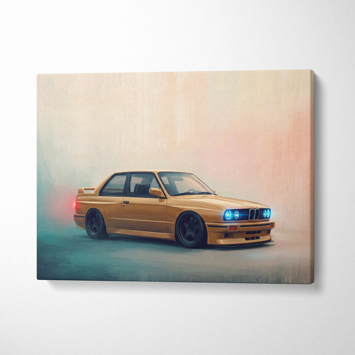 Golden bmw e30 m3 inspired automotive wall art canvas print with glowing blue headlights and subtle smoke effect
