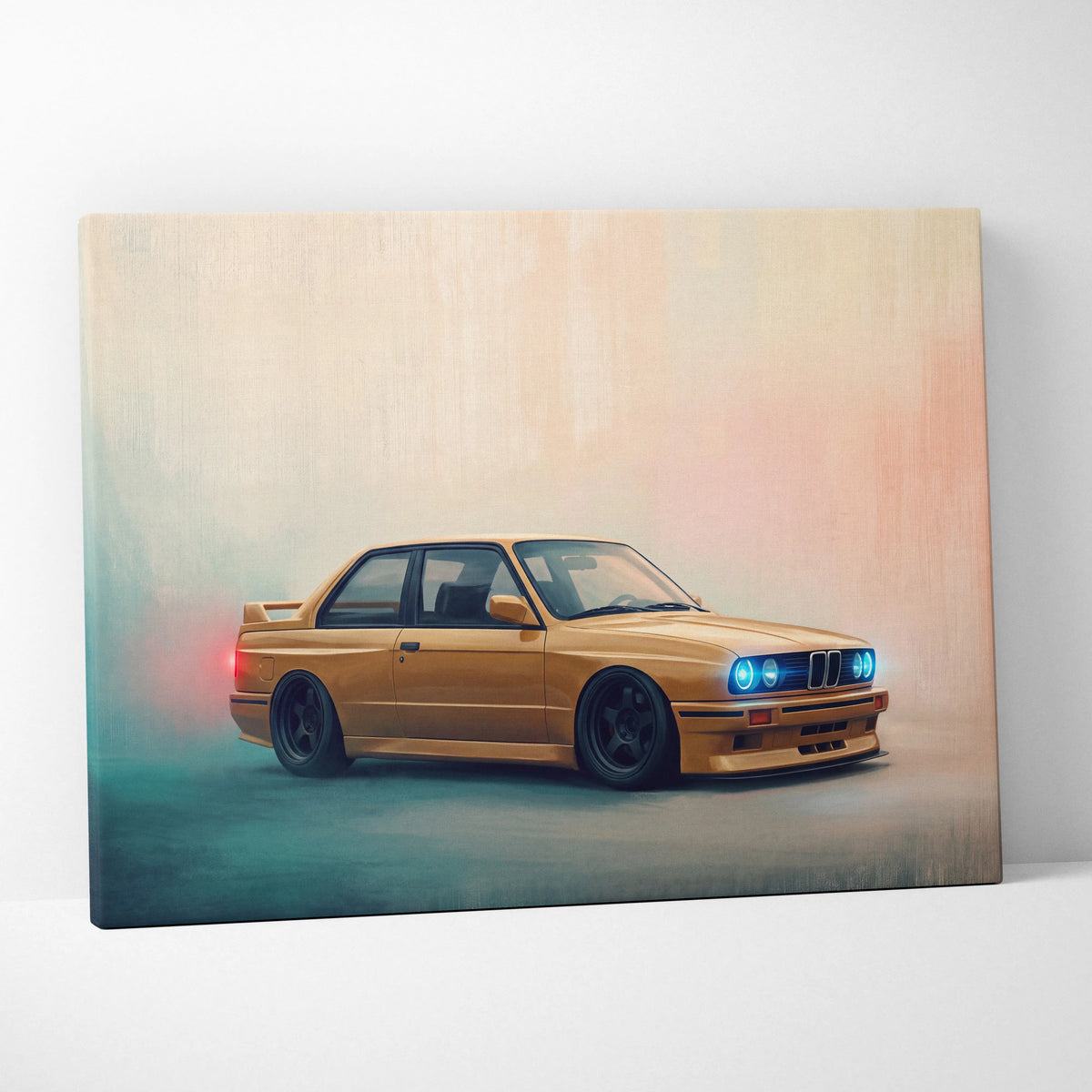 Golden bmw e30 m3 canvas print with glowing blue headlights and red taillight accent classic german sports car wall art