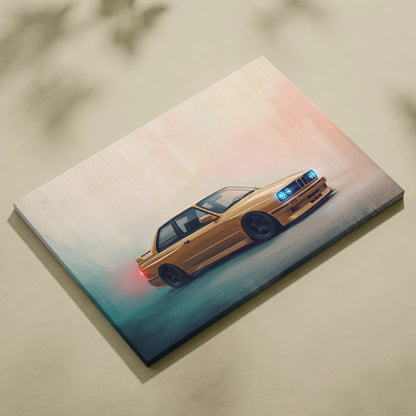 A canvas print of a golden BMW E30 M3 with glowing blue headlights and red taillights against a gradient sky