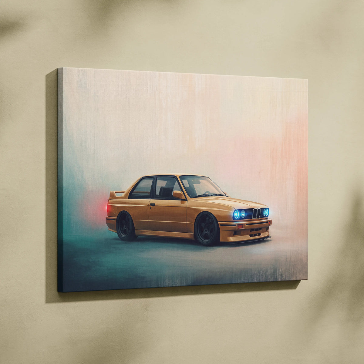Golden bmw e30 m3 automotive wall art canvas print with glowing blue headlights and subtle red taillight glow