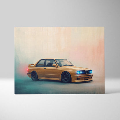 Golden bmw e30 m3 inspired automotive wall art featuring glowing blue headlights and red taillights in a stylized design