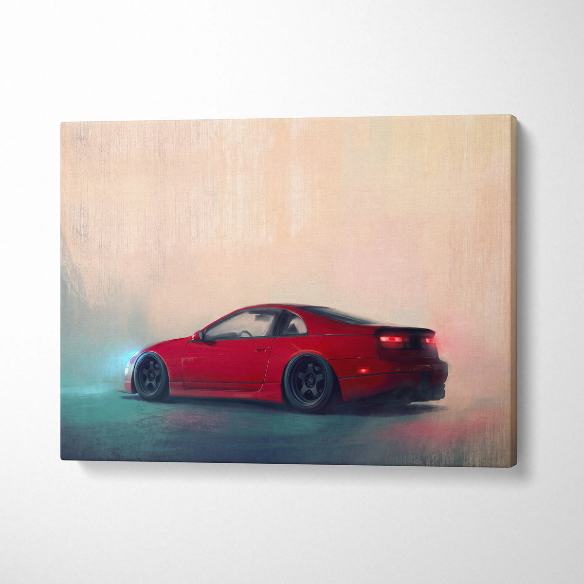 Nissan 300ZX inspired red sports car canvas print with dynamic smoky scene for modern living room decor