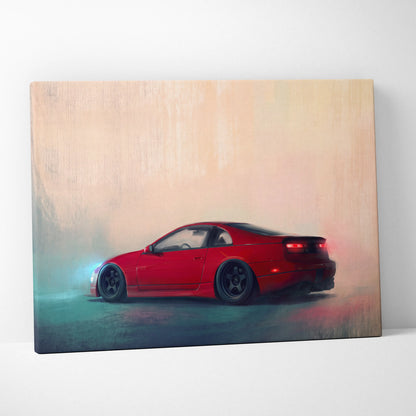Red sports car canvas print featuring a sleek nissan 300zx inspired coupe with black rims for modern living room decor