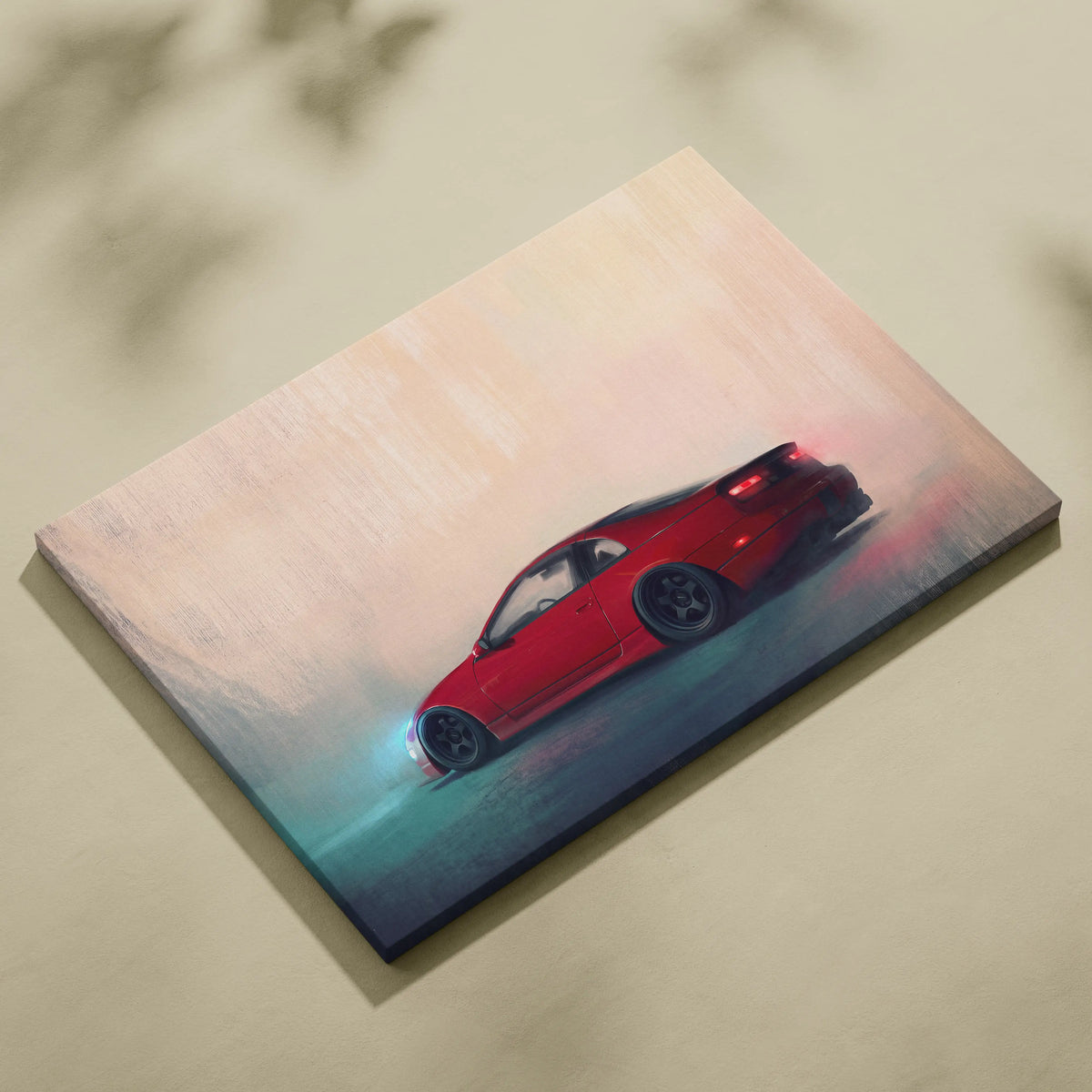 Nissan 300zx inspired red sports car canvas print showing a sleek low profile vehicle in motion for modern decor