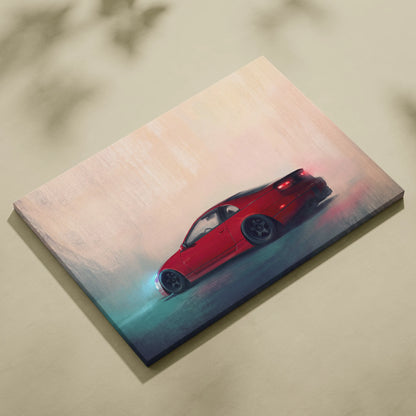 Nissan 300zx inspired red sports car canvas print showing a sleek low profile vehicle in motion for modern decor