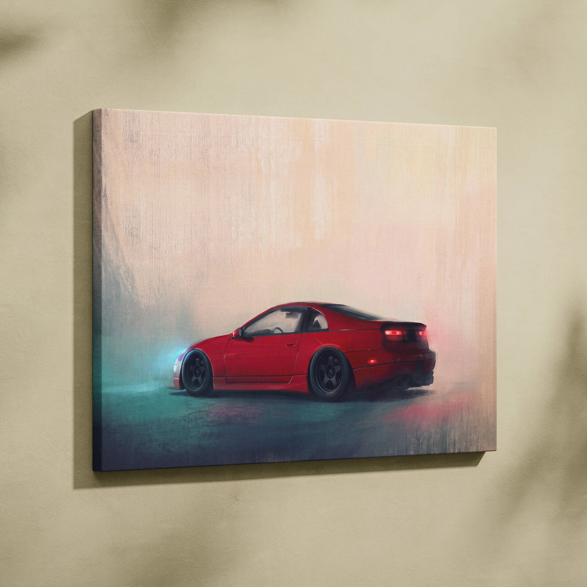 Red sports car painting on canvas inspired by Nissan 300ZX ideal for modern living room wall art decor