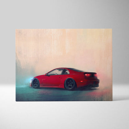 Nissan 300zx inspired car wall art featuring vibrant red sports vehicle canvas print with dynamic drift pose and glowing lights