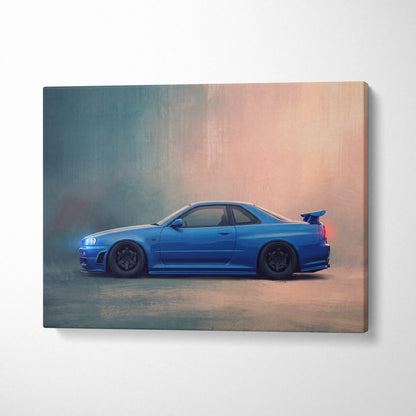 Nissan Skyline GT-R R34 Inspired Automotive Wall Art - Blue JDM Sports Car Painting for Home Decor