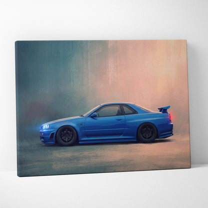 Nissan Skyline GT-R R34 Inspired Automotive Wall Art - Blue JDM Sports Car Painting for Home Decor