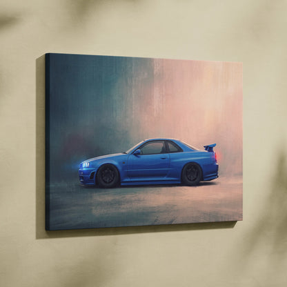 Nissan Skyline GT-R R34 Inspired Automotive Wall Art - Blue JDM Sports Car Painting for Home Decor