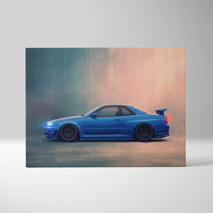 Nissan Skyline GT-R R34 Inspired Automotive Wall Art - Blue JDM Sports Car Painting for Home Decor