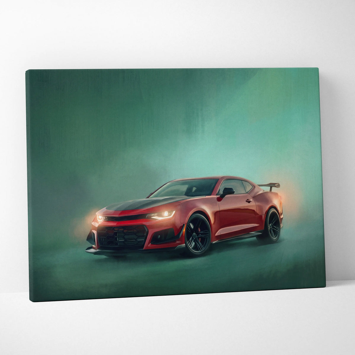 Chevrolet Camaro ZL1 inspired canvas art featuring red and black car with glowing headlights against teal backdrop