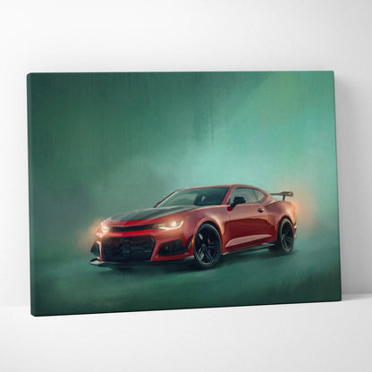 Chevrolet Camaro ZL1 inspired canvas art featuring red and black car with glowing headlights against teal backdrop