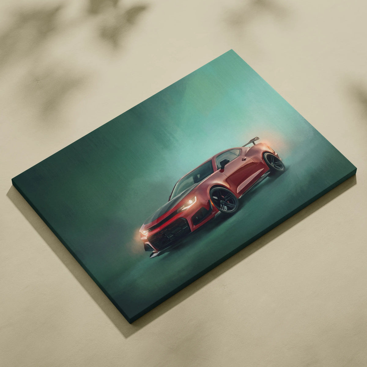 Red sports car canvas print featuring a chevrolet camaro zl1 inspired design with black accents and teal background
