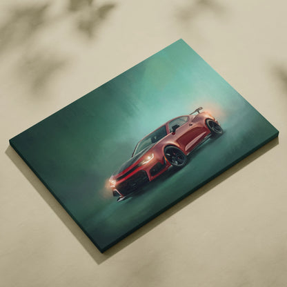 Red sports car canvas print featuring a chevrolet camaro zl1 inspired design with black accents and teal background