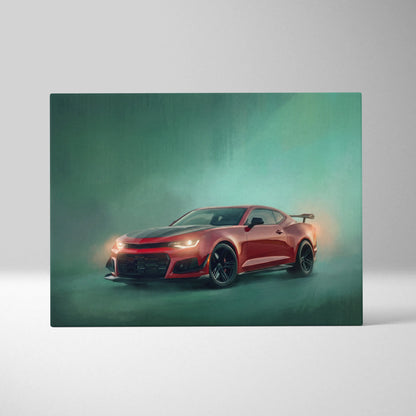 Red and black Chevrolet Camaro ZL1 inspired automotive canvas art performance tuner wall decor for bedroom