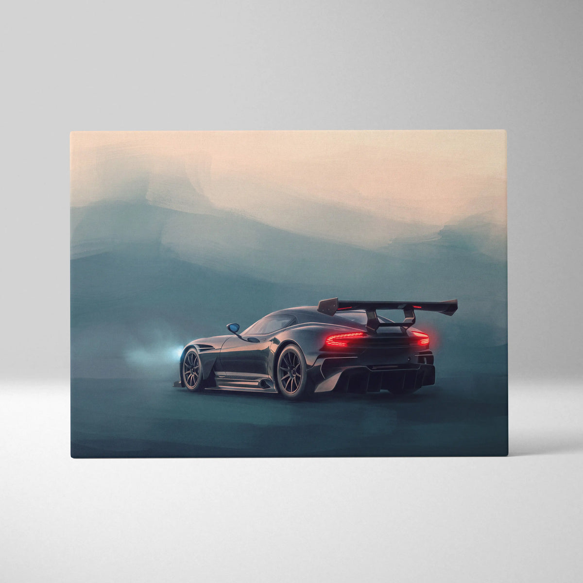 Artistic rendering of black matte-finish aston martin vulcan inspired sports car with glowing red taillights and rear spoiler