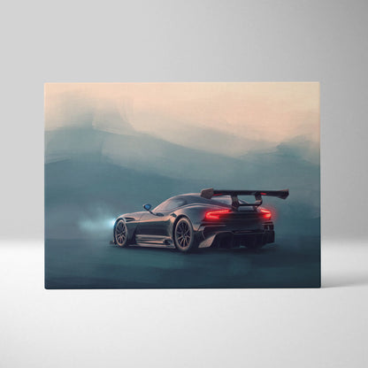 Artistic rendering of black matte-finish aston martin vulcan inspired sports car with glowing red taillights and rear spoiler