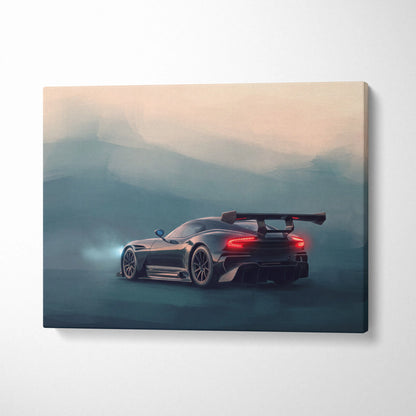 Black Aston Martin Vulcan inspired sports car canvas print showing back with glowing red taillights and rear spoiler