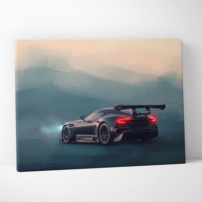 Aston martin vulcan inspired track edition canvas painting print featuring black matte race car with glowing red taillights