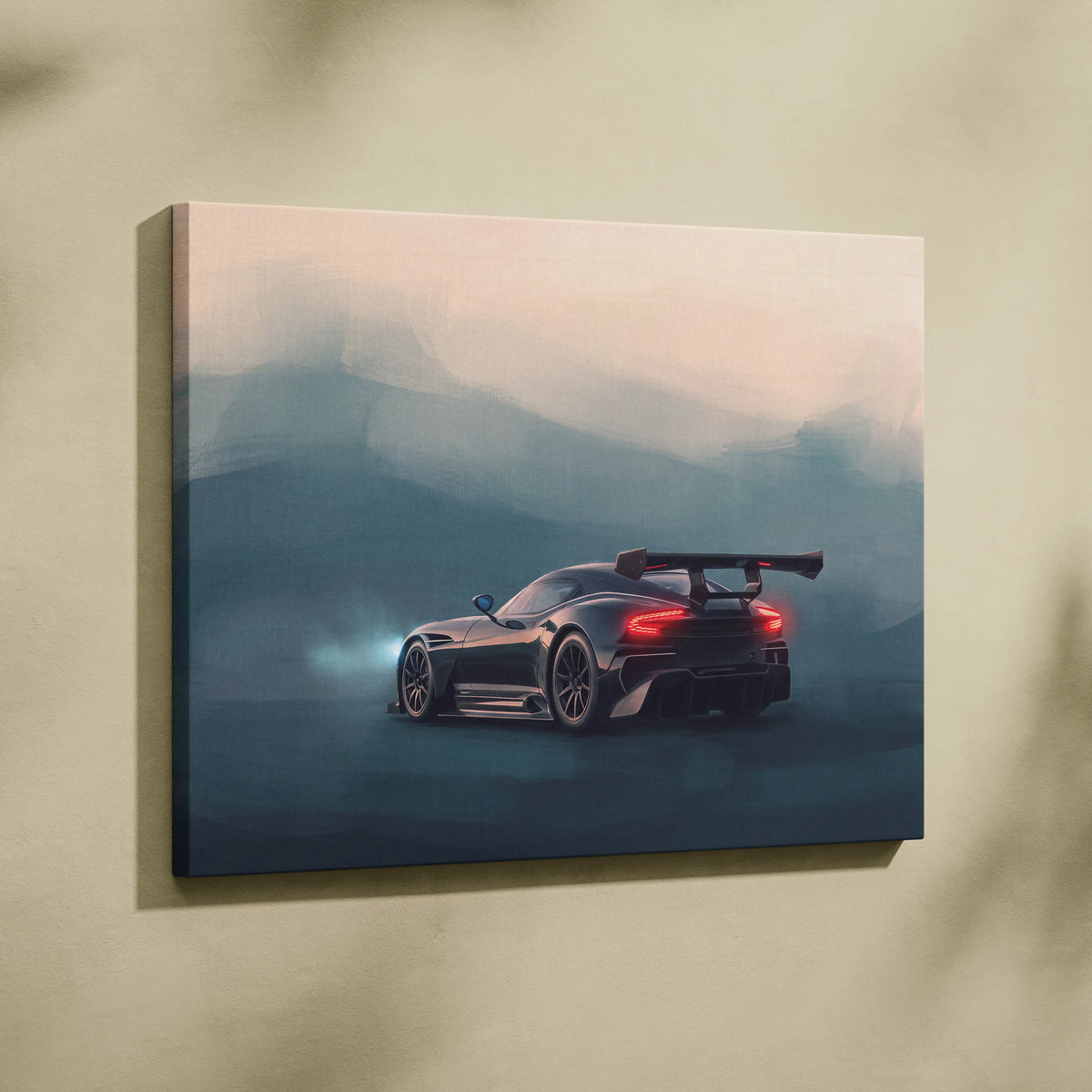 Aston Martin Vulcan inspired black sports car canvas print with glowing red taillights and rear spoiler track edition