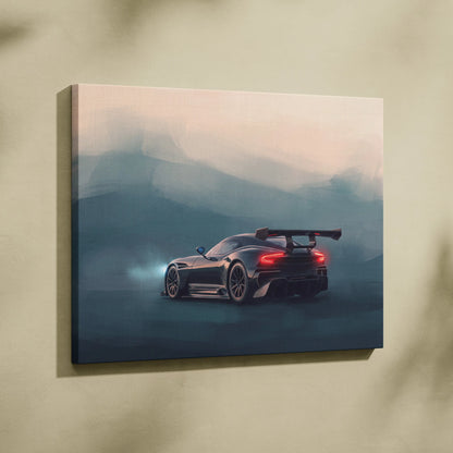 Aston Martin Vulcan inspired black sports car canvas print with glowing red taillights and rear spoiler track edition