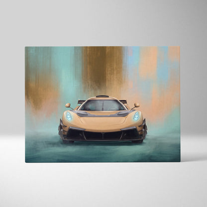 Koenigsegg Jesko Attack inspired luxury supercar canvas print featuring a sleek golden hypercar with glowing blue headlights