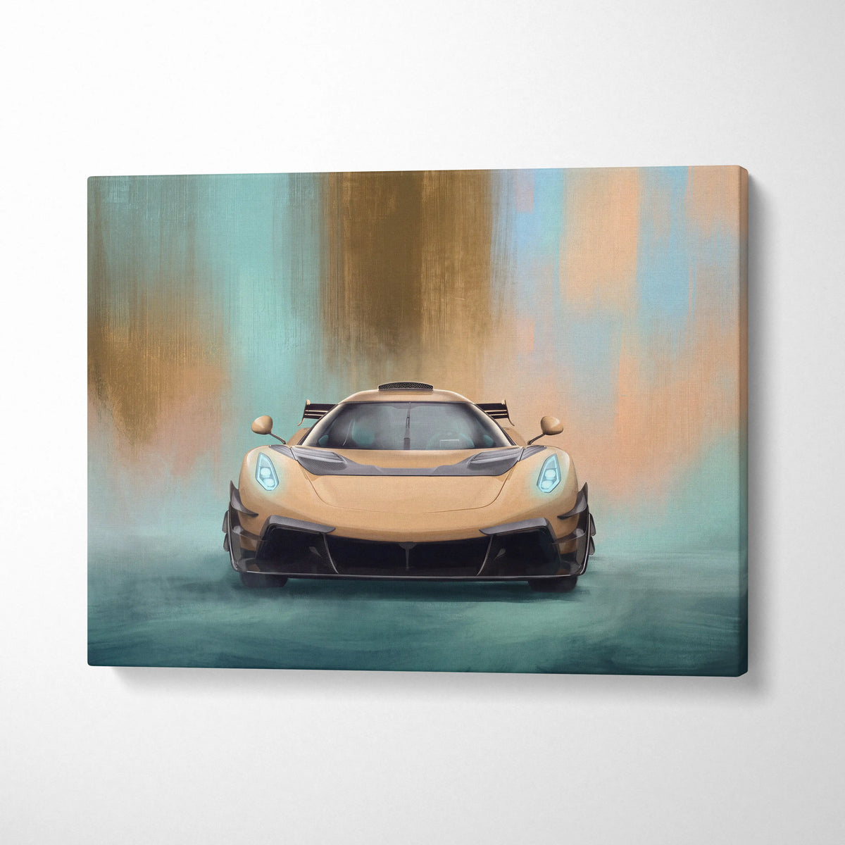 A sleek tan koenigsegg jesko attack hypercar with glowing blue headlights on a luxury supercar canvas print