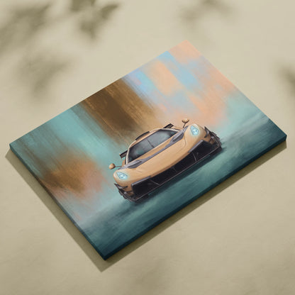 A canvas print of a tan Koenigsegg Jesko Attack sports car with blue headlights and black accents on an abstract background