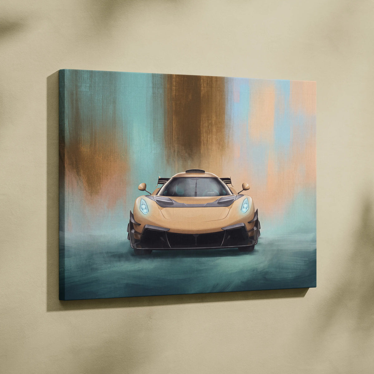 Koenigsegg Jesko Attack inspired canvas print featuring a golden sports car with glowing blue headlights on abstract teal and orange background