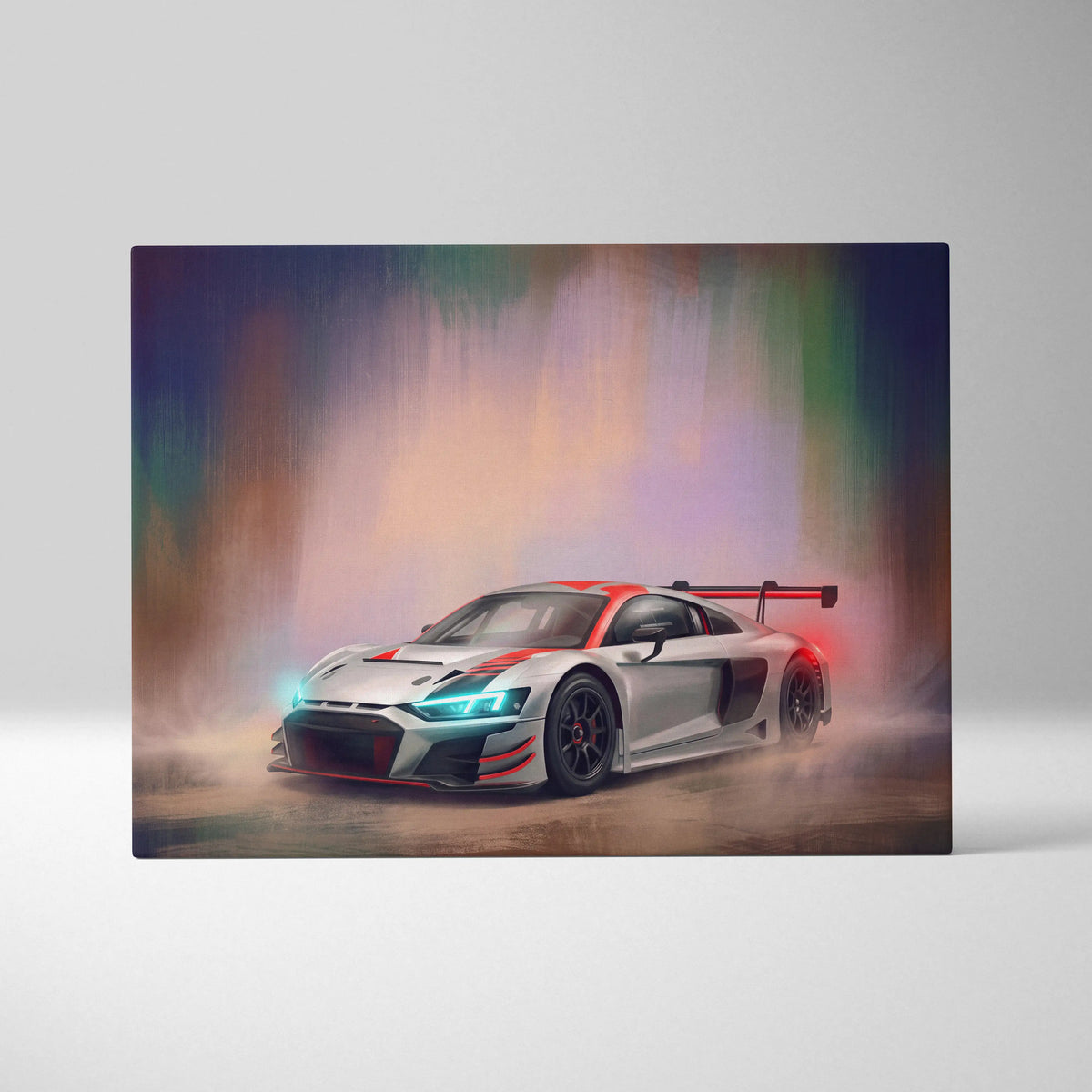 Audi r8 lms gt3 inspired canvas art featuring a silver and red race car with blue headlights and black racing stripes