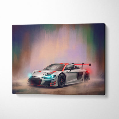 Audi R8 LMS GT3 inspired canvas art featuring silver and red race car with glowing headlights and rear spoiler