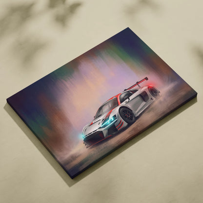 Audi R8 LMS GT3 inspired canvas art featuring a sleek white and red race car with glowing blue headlights on a colorful background