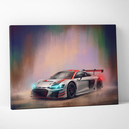 Silver and red audi r8 lms gt3 inspired canvas art with glowing blue headlights and rear spoiler for wall decor