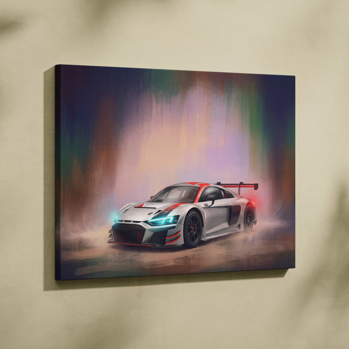 Audi R8 LMS GT3 inspired canvas art featuring a sleek white and red race car with glowing blue headlights