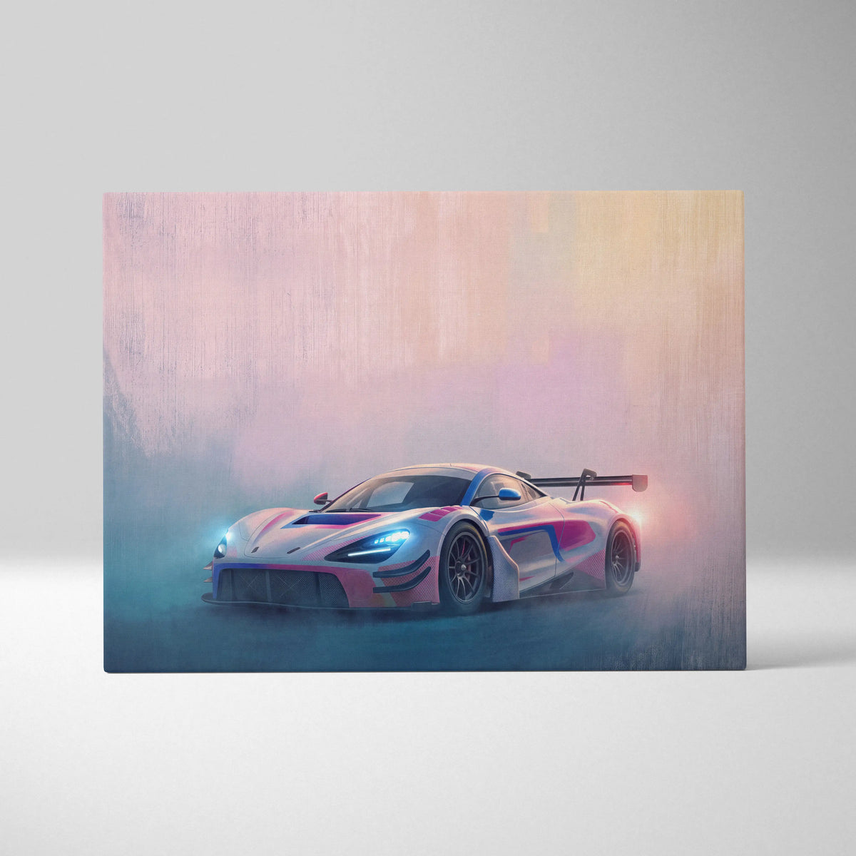 McLaren 720S GT3 inspired car wall art canvas print featuring sleek white and pink race car with glowing blue headlights