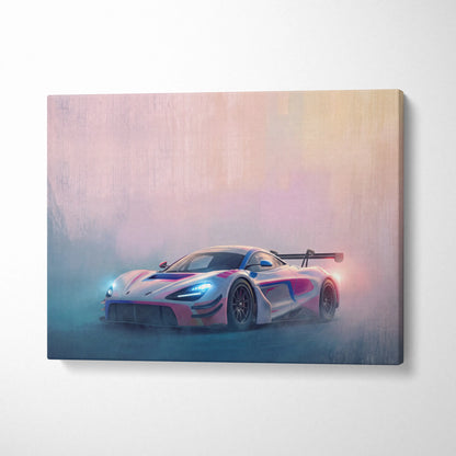 Mclaren 720s gt3 inspired car wall art canvas print featuring a sleek white pink and blue futuristic race car design