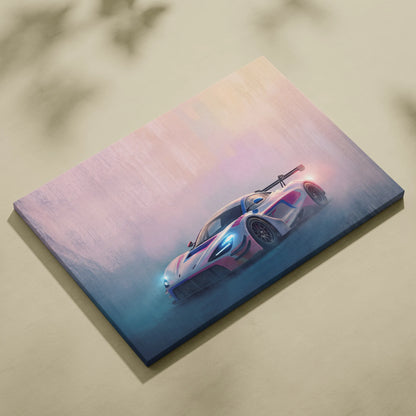 A vibrant mclaren 720s gt3 inspired canvas painting print featuring a futuristic race car with glowing blue headlights