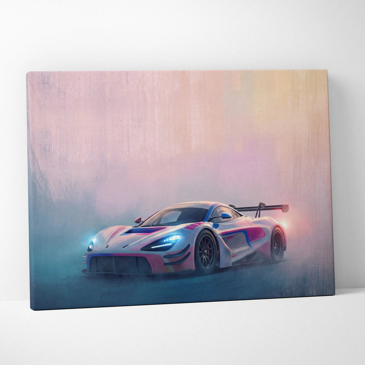 A vibrant canvas print of a sleek McLaren 720S with white pink and blue racing livery track edition wall art