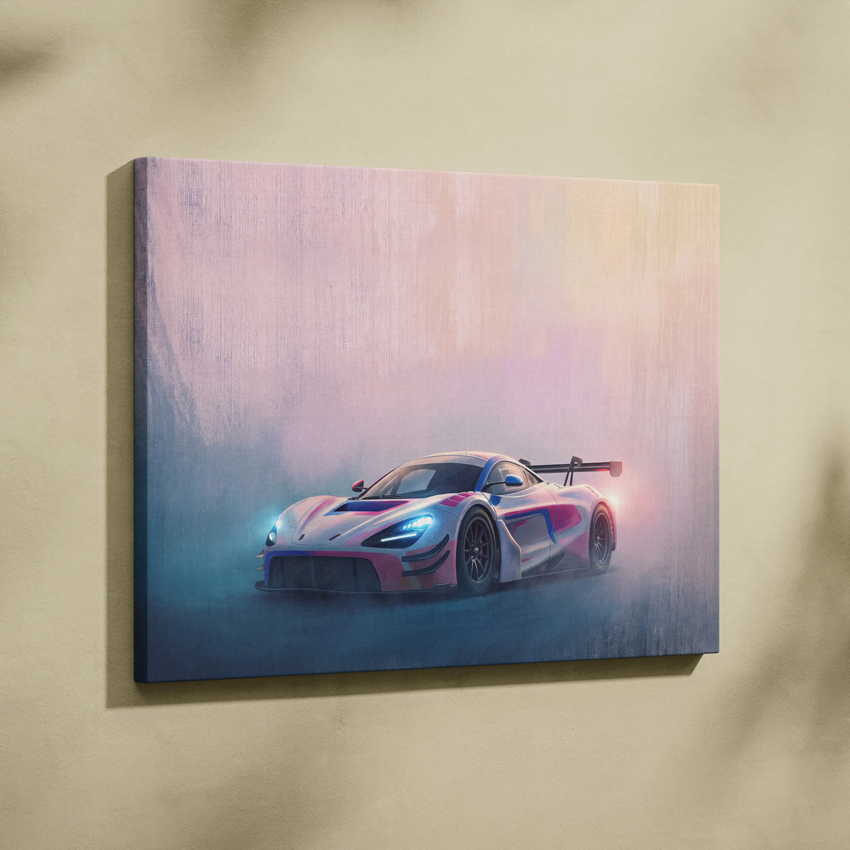 McLaren 720S GT3 inspired canvas painting print featuring a vibrant futuristic race car with glowing blue and pink accents