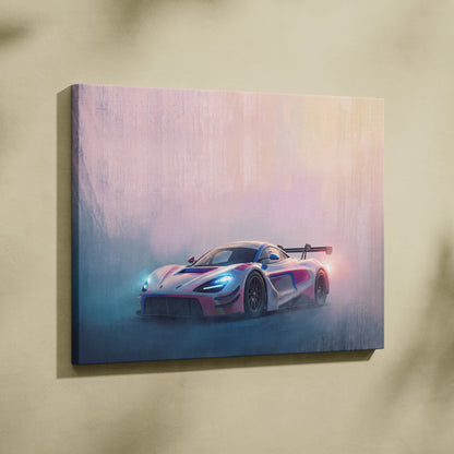 McLaren 720S GT3 inspired canvas painting print featuring a vibrant futuristic race car with glowing blue and pink accents