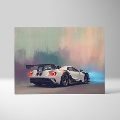 Ford gt inspired automotive wall art featuring a white and black racing car with glowing red taillights in painterly style