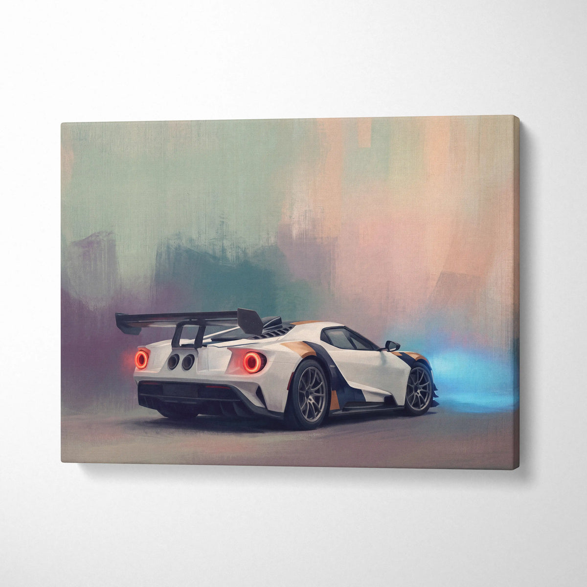Ford GT inspired automotive wall art canvas print featuring white and black racing car with glowing red taillights and blue exhaust smoke