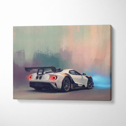 Ford GT inspired automotive wall art canvas print featuring white and black racing car with glowing red taillights and blue exhaust smoke