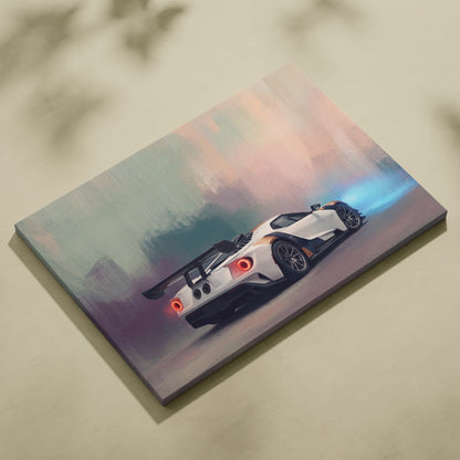 White and black ford gt inspired sports car canvas print with glowing red taillights against pastel sky wall art