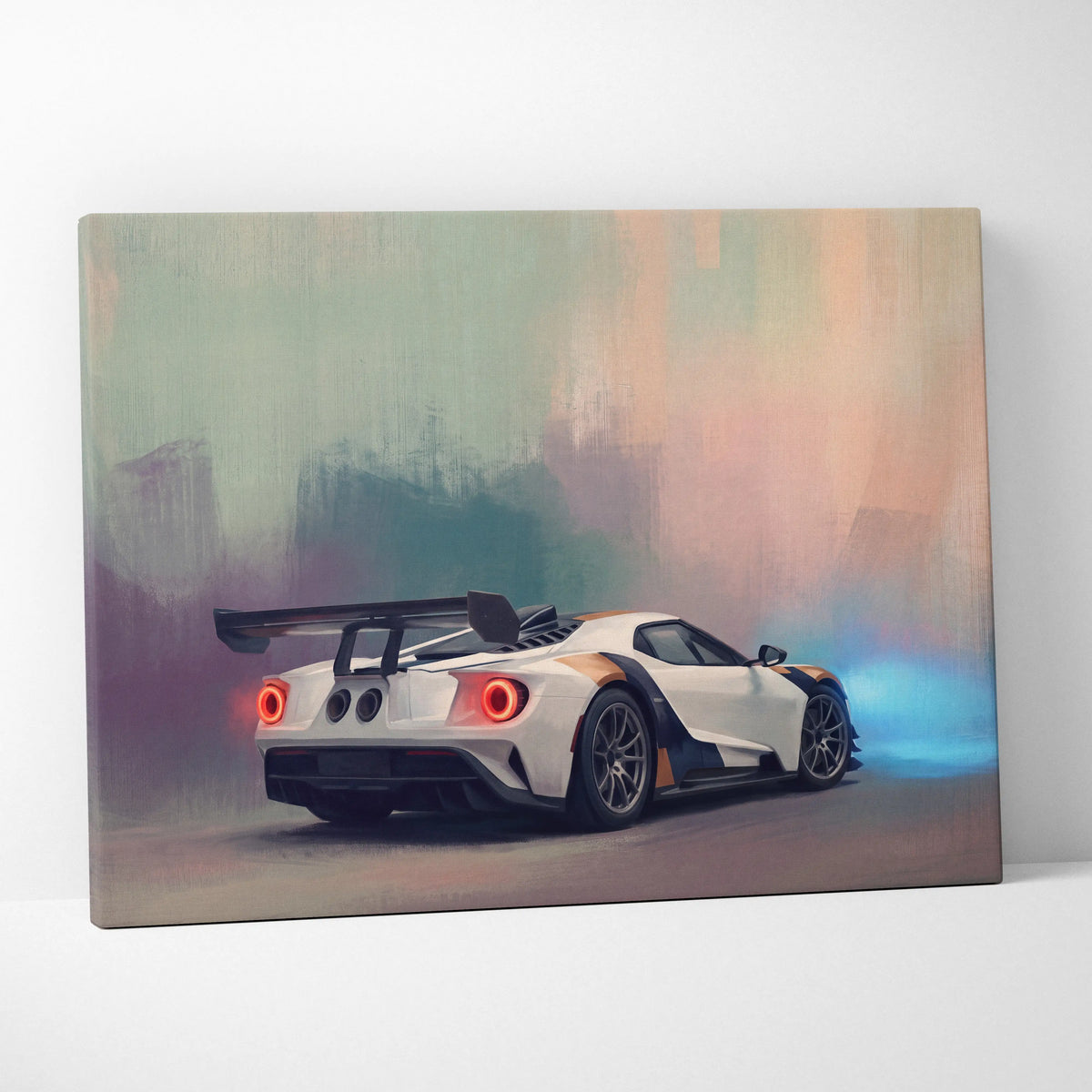White and black ford gt racing car canvas print with glowing red taillights luxury supercar wall art
