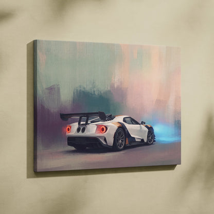 Ford GT inspired automotive wall art canvas print featuring white and black race car with glowing red taillights and blue smoke