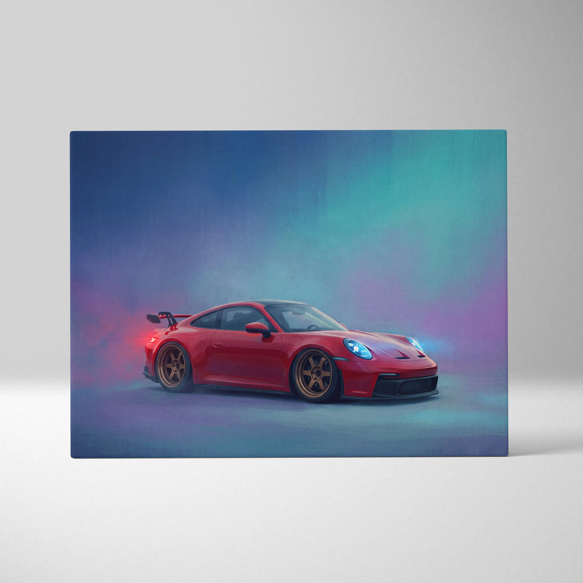 Porsche 911 gt3 inspired car wall art canvas print featuring vibrant red car with gold alloy wheels and aerodynamic design